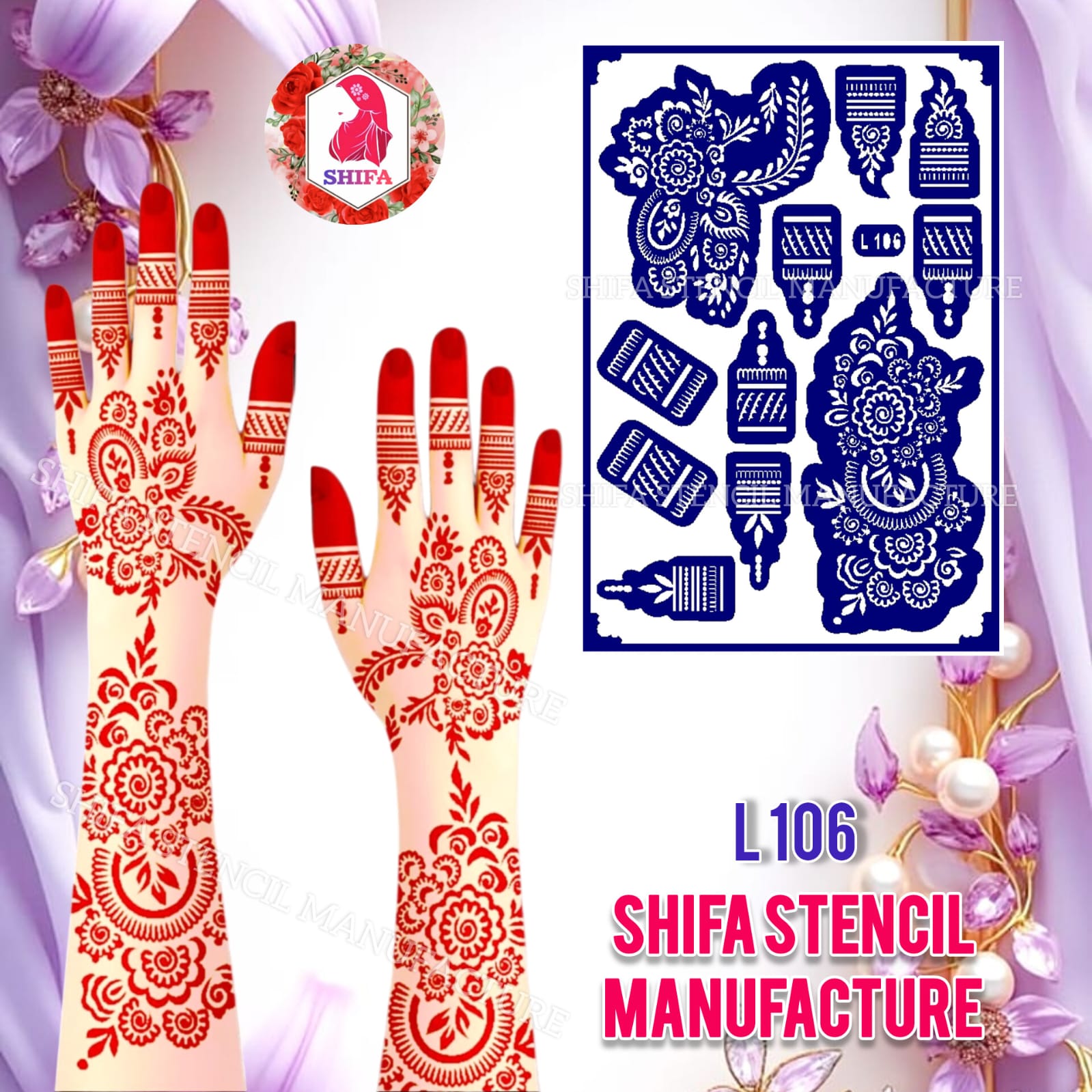 L106  Ornate Heritage Bloom Sticker Overview Henna Stencil - Shifa Stencil